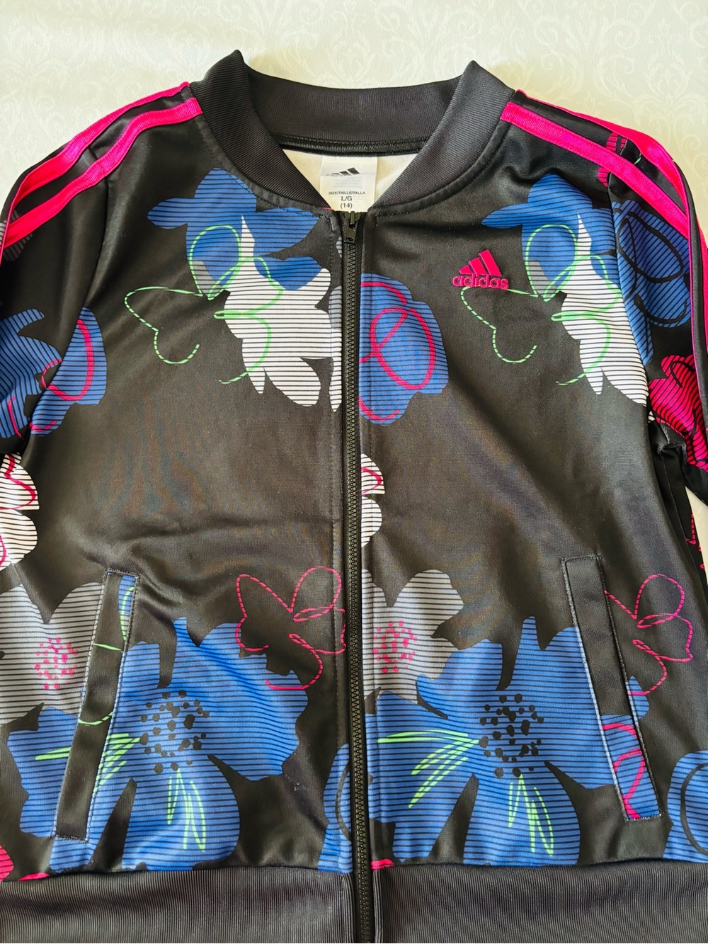 adidas Kids Black Jacket with Blue & Pink Floral Print